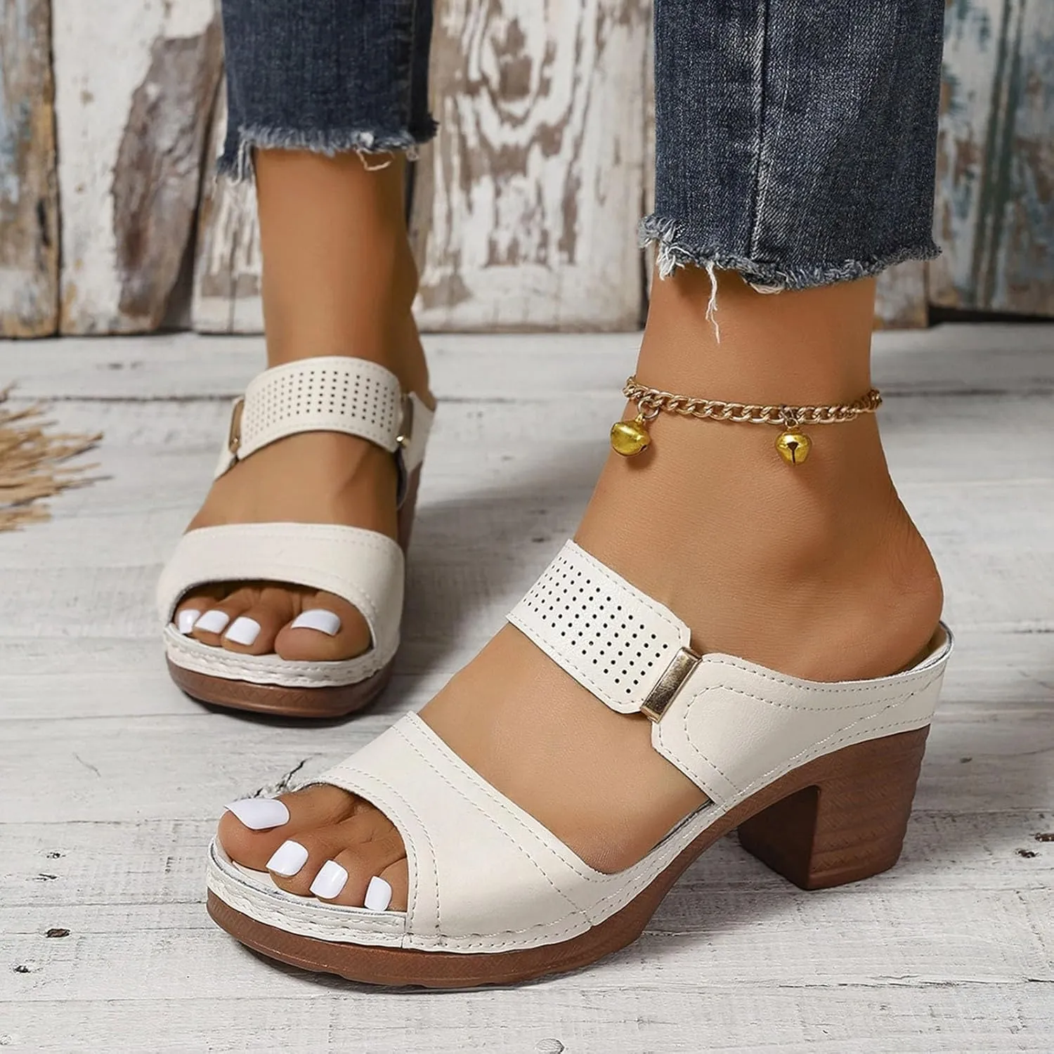 Block Heel Sandals for Women,Comfortable Open Toe Low Chunky Heels Dress Sandal Womens Two Strap Mid Heeled Ankle Casual Slippers Slip On Summer Backless Mules Slide Walking Shoes For Daily Wear