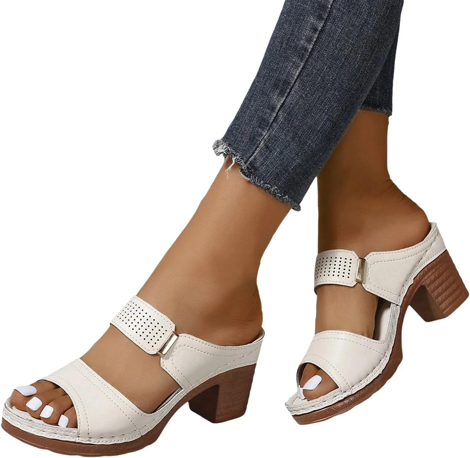 Block Heel Sandals for Women,Comfortable Open Toe Low Chunky Heels Dress Sandal Womens Two Strap Mid Heeled Ankle Casual Slippers Slip On Summer Backless Mules Slide Walking Shoes For Daily Wear