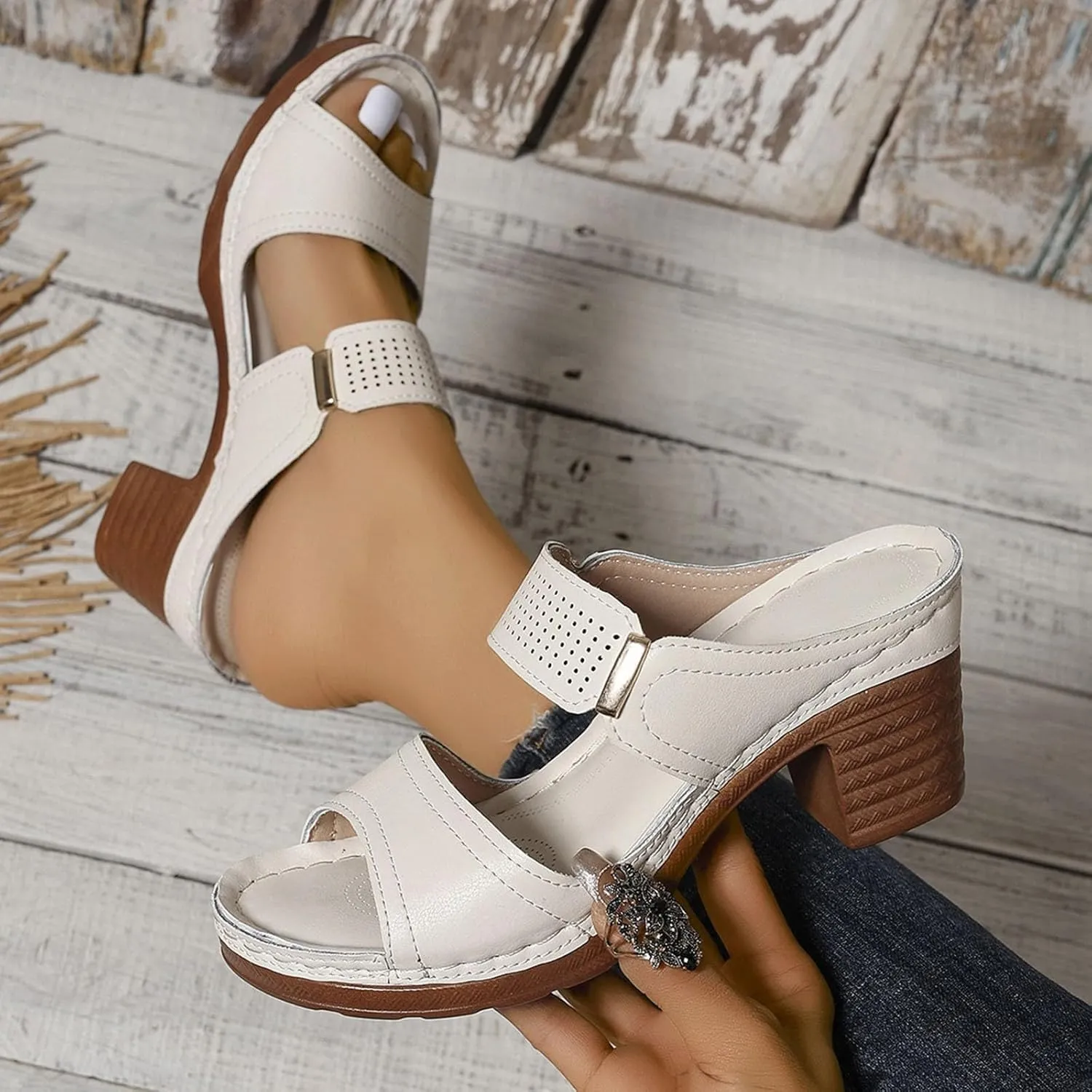 Block Heel Sandals for Women,Comfortable Open Toe Low Chunky Heels Dress Sandal Womens Two Strap Mid Heeled Ankle Casual Slippers Slip On Summer Backless Mules Slide Walking Shoes For Daily Wear