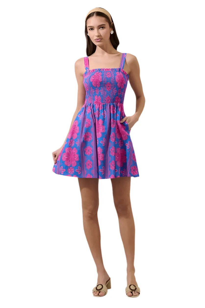 Blue and fuchsia block print smocked mini dress