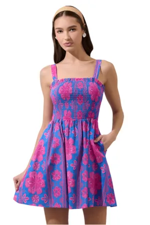 Blue and fuchsia block print smocked mini dress