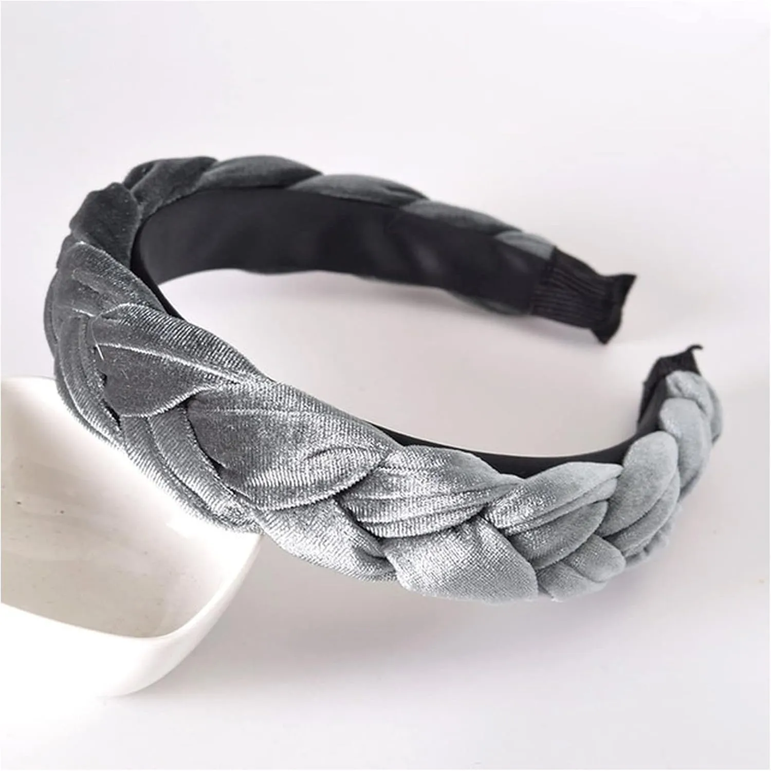 Bohemia Braid Velvet Headband Plain Design Twist Wide Hairbands Girls Hair Hoop Accessories Women's Solid Winter Head Band(Gray)