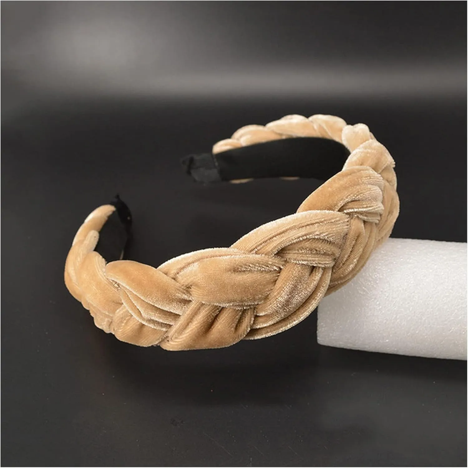 Bohemia Braid Velvet Headband Plain Design Twist Wide Hairbands Girls Hair Hoop Accessories Women's Solid Winter Head Band(Thicken Khaki)