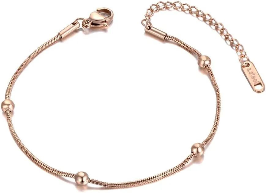 Bohemia Stainless Steel Beads Chain Charm Anklets For Women Rose Gold Color Foot Beach Jewelry