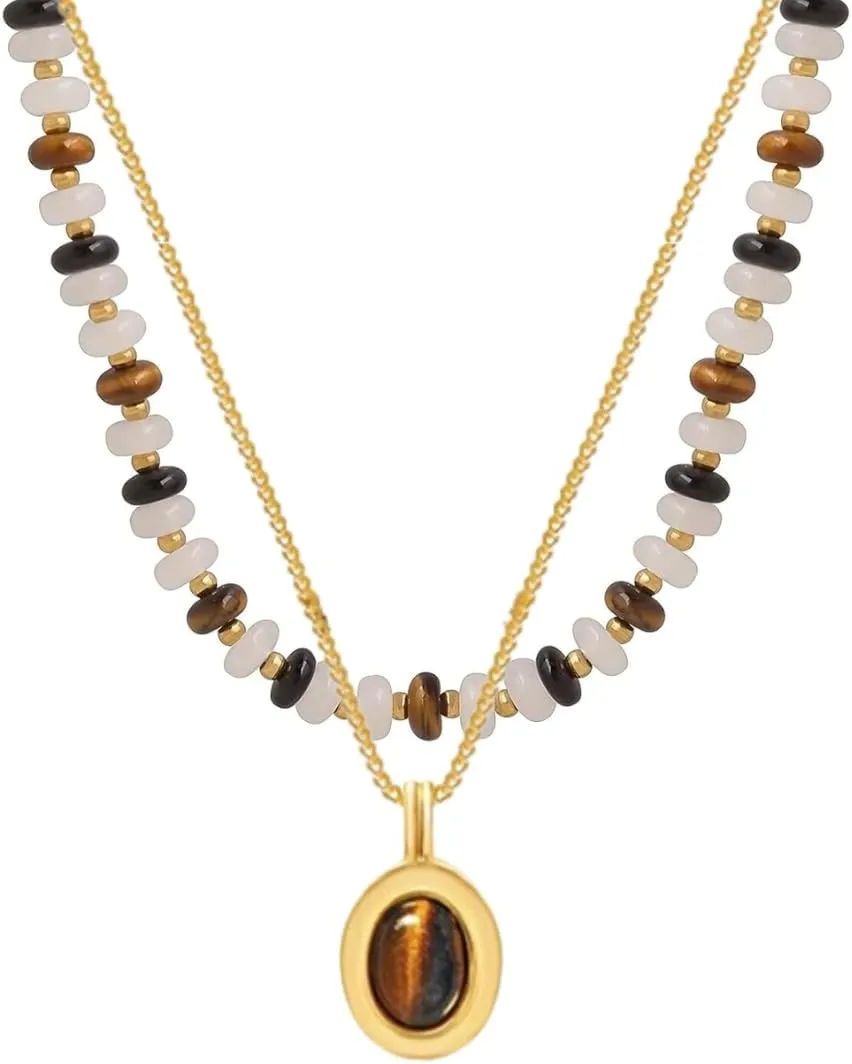 Bohemian Earthy Bead Choker | Layered Beaded Necklaces for Women | Stone Pendant Tiger Eye Gold Brown Boho Strand Statement | Beach Jewelry Gift