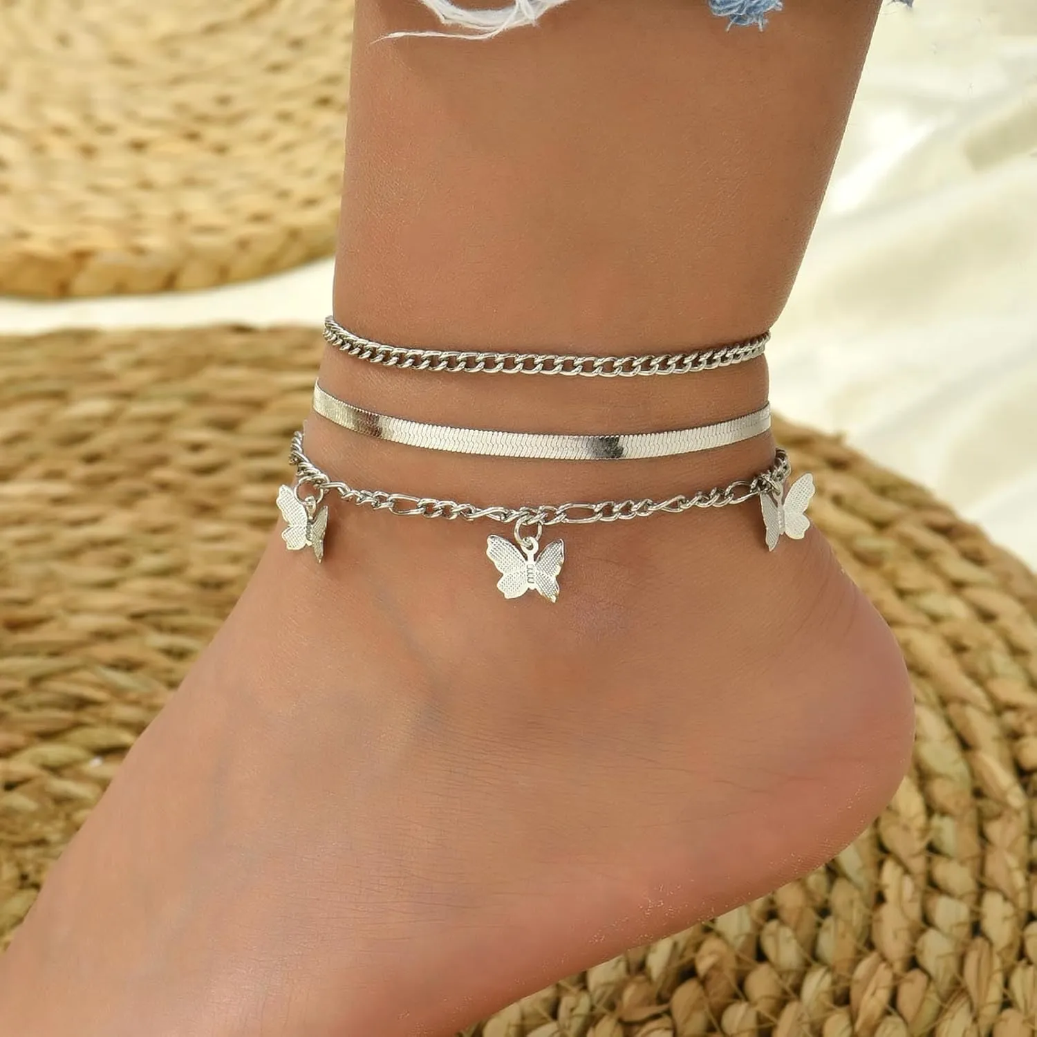 Bohemian Layered Butterfly Anklet Snake Chain Ankle Bracelets Vintage Anklets Chain Bracelet Summer Beach Foot Ankle Chain Jewelry for Women and Teen