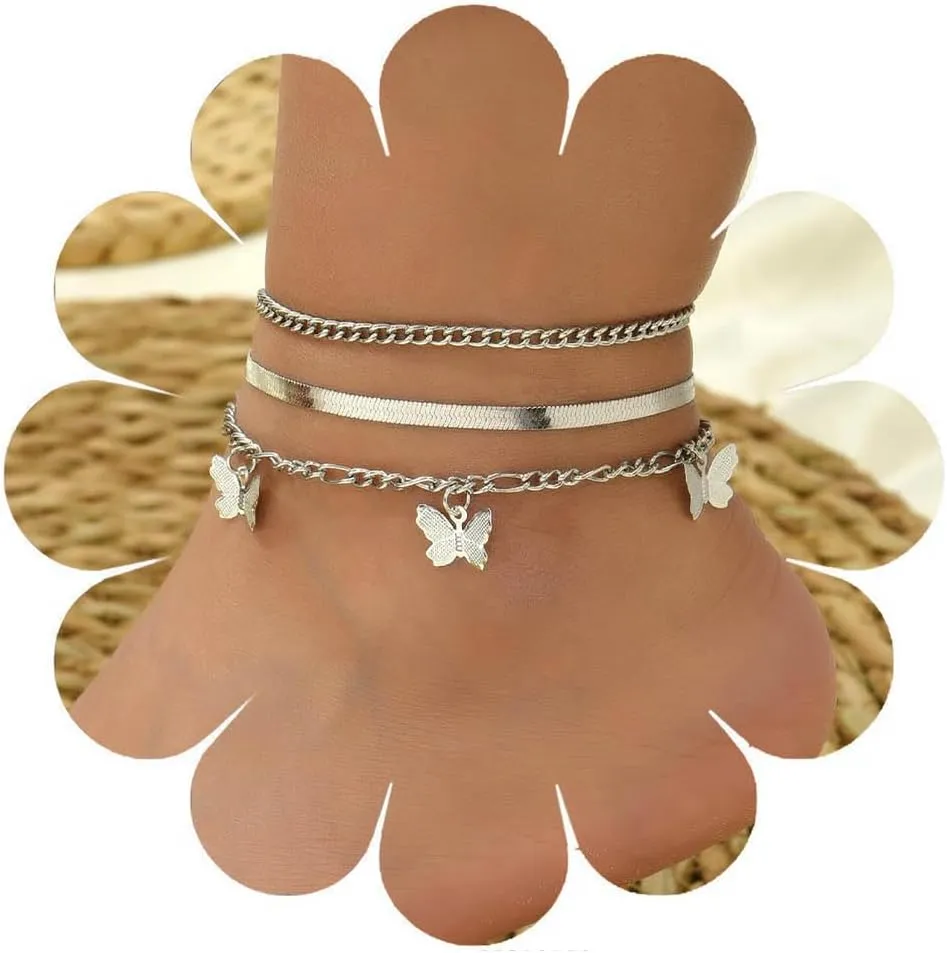 Bohemian Layered Butterfly Anklet Snake Chain Ankle Bracelets Vintage Anklets Chain Bracelet Summer Beach Foot Ankle Chain Jewelry for Women and Teen