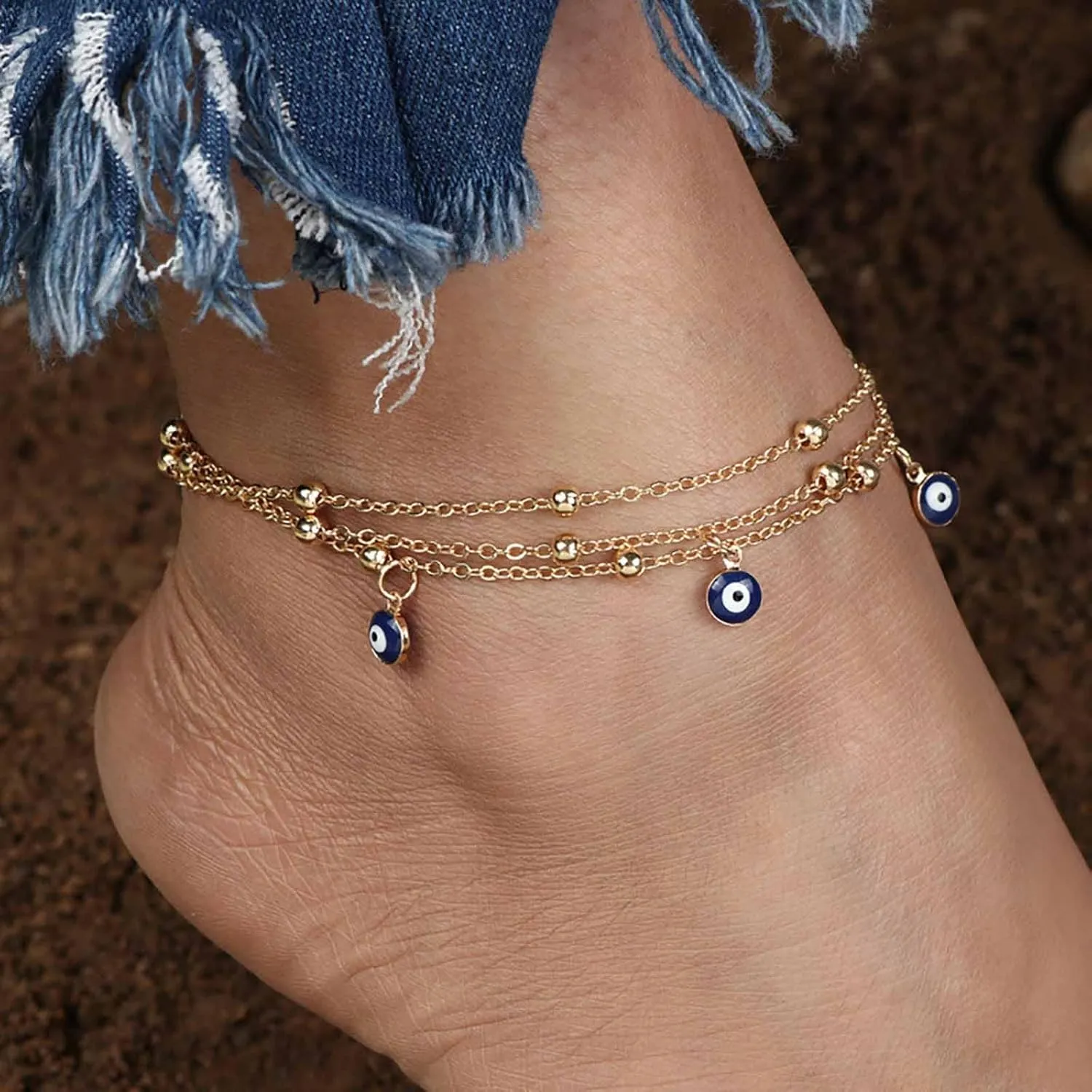 Bohemian Layered Evil Eye Ankle Bracelet Gold Station Bead Ankle Chain Bracelet Layered Devil Eye Beach Anklet Chain Evil Eye Foot Chain Anklet Summer Beach Foot Chain Jewelry