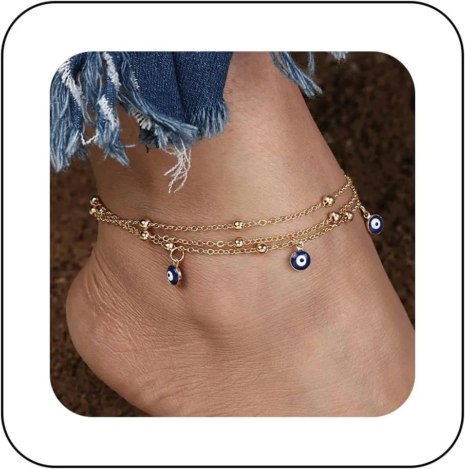 Bohemian Layered Evil Eye Ankle Bracelet Gold Station Bead Ankle Chain Bracelet Layered Devil Eye Beach Anklet Chain Evil Eye Foot Chain Anklet Summer Beach Foot Chain Jewelry