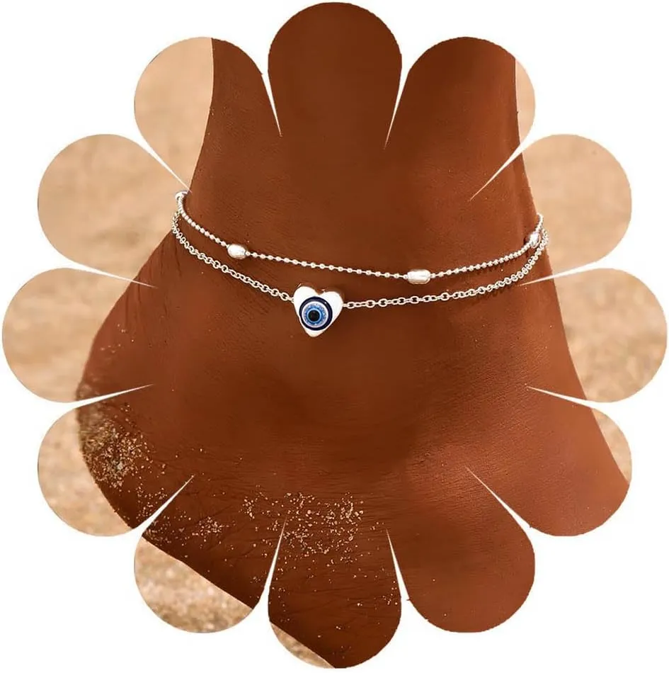 Bohemian Layered Heart Anklet Evil Eye Ankle Bracelets Dainty Anklets Chain Bracelet Summer Beach Foot Ankle Chain Jewelry for Women and Teen
