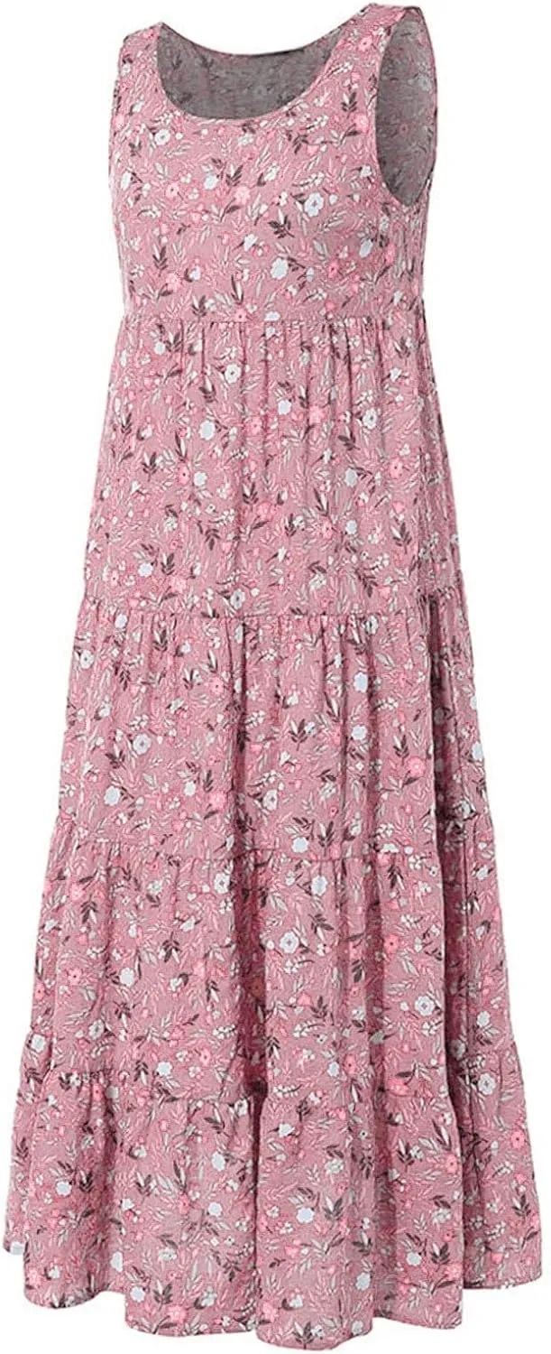 Boho Dresses for Women 2024 Casual Sleeveless Floral Print Cotton Linen Dress Flowy Ruffle Beach Boho Dress