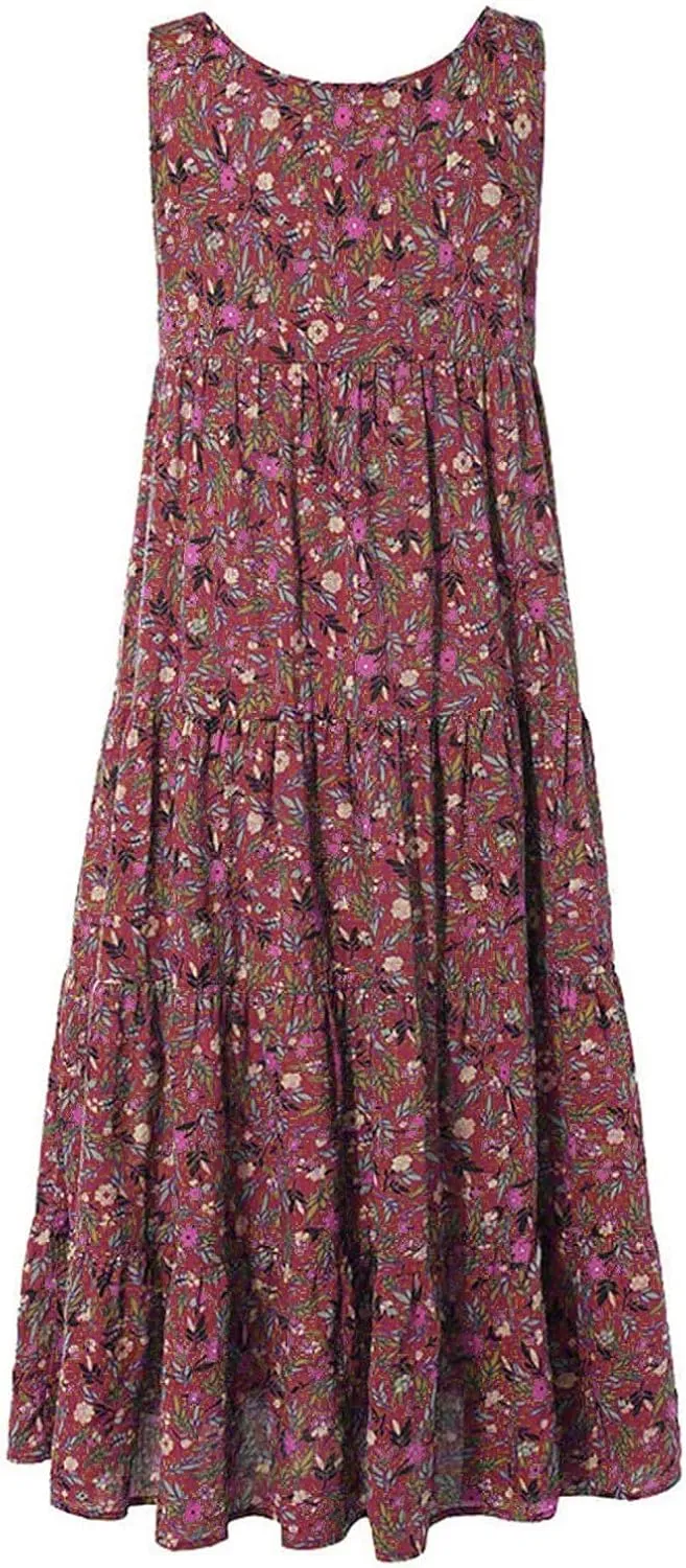 Boho Dresses for Women 2024 Casual Sleeveless Floral Print Cotton Linen Dress Flowy Ruffle Beach Boho Dress