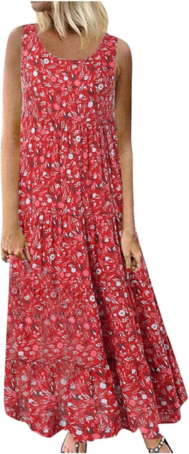 Boho Dresses for Women 2024 Casual Sleeveless Floral Print Cotton Linen Dress Flowy Ruffle Beach Boho Dress