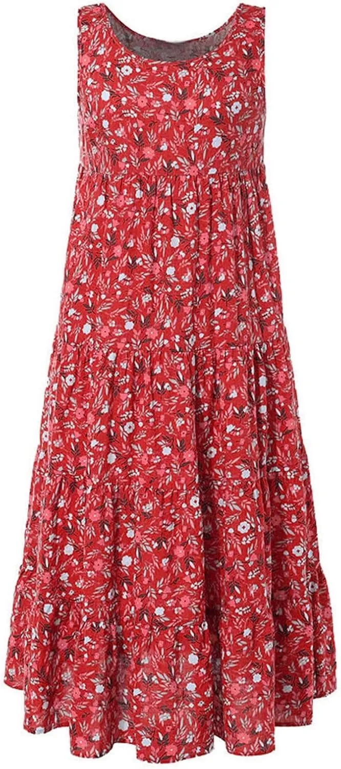Boho Dresses for Women 2024 Casual Sleeveless Floral Print Cotton Linen Dress Flowy Ruffle Beach Boho Dress