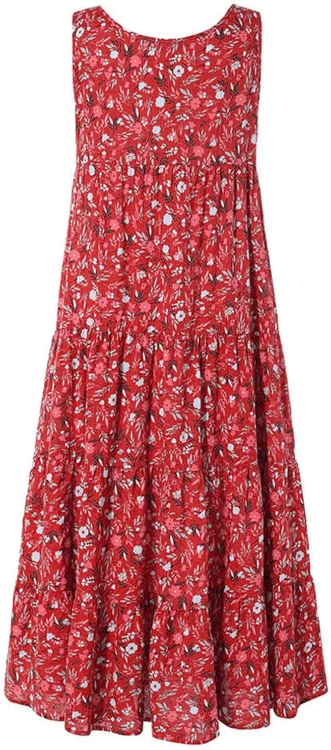 Boho Dresses for Women 2024 Casual Sleeveless Floral Print Cotton Linen Dress Flowy Ruffle Beach Boho Dress