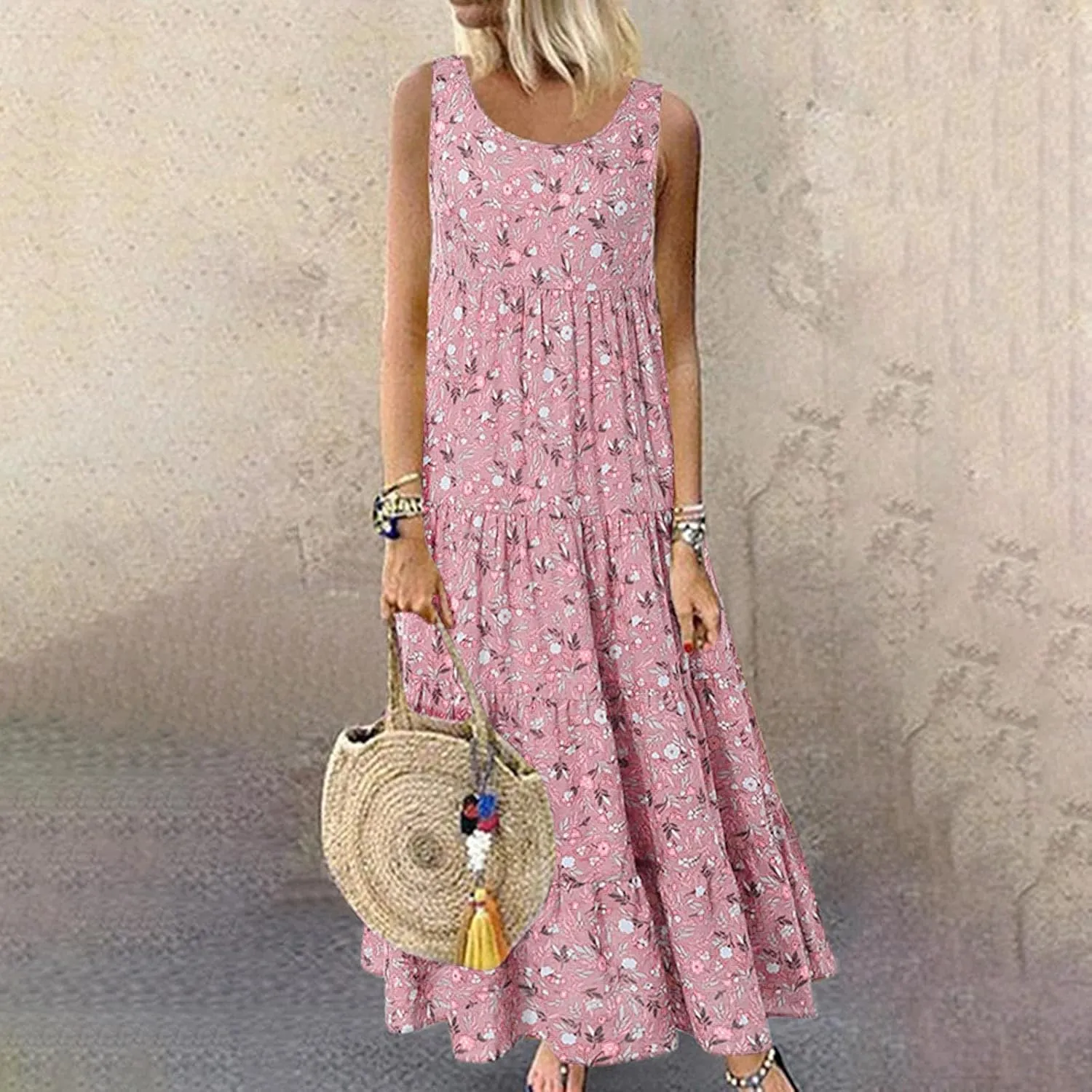 Boho Dresses for Women 2024 Casual Sleeveless Floral Print Cotton Linen Dress Flowy Ruffle Beach Boho Dress