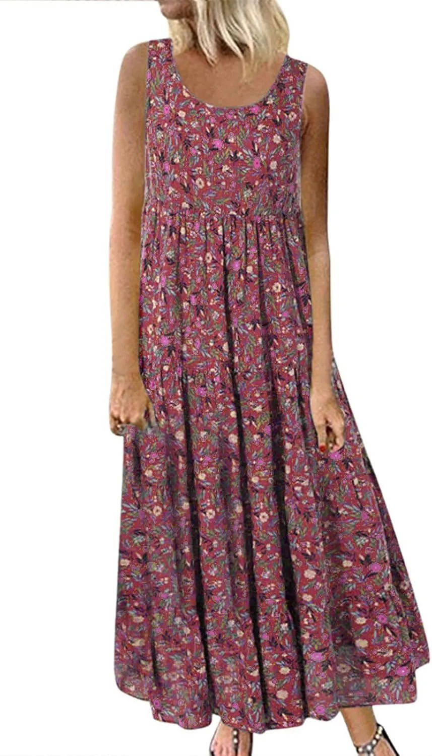 Boho Dresses for Women 2024 Casual Sleeveless Floral Print Cotton Linen Dress Flowy Ruffle Beach Boho Dress