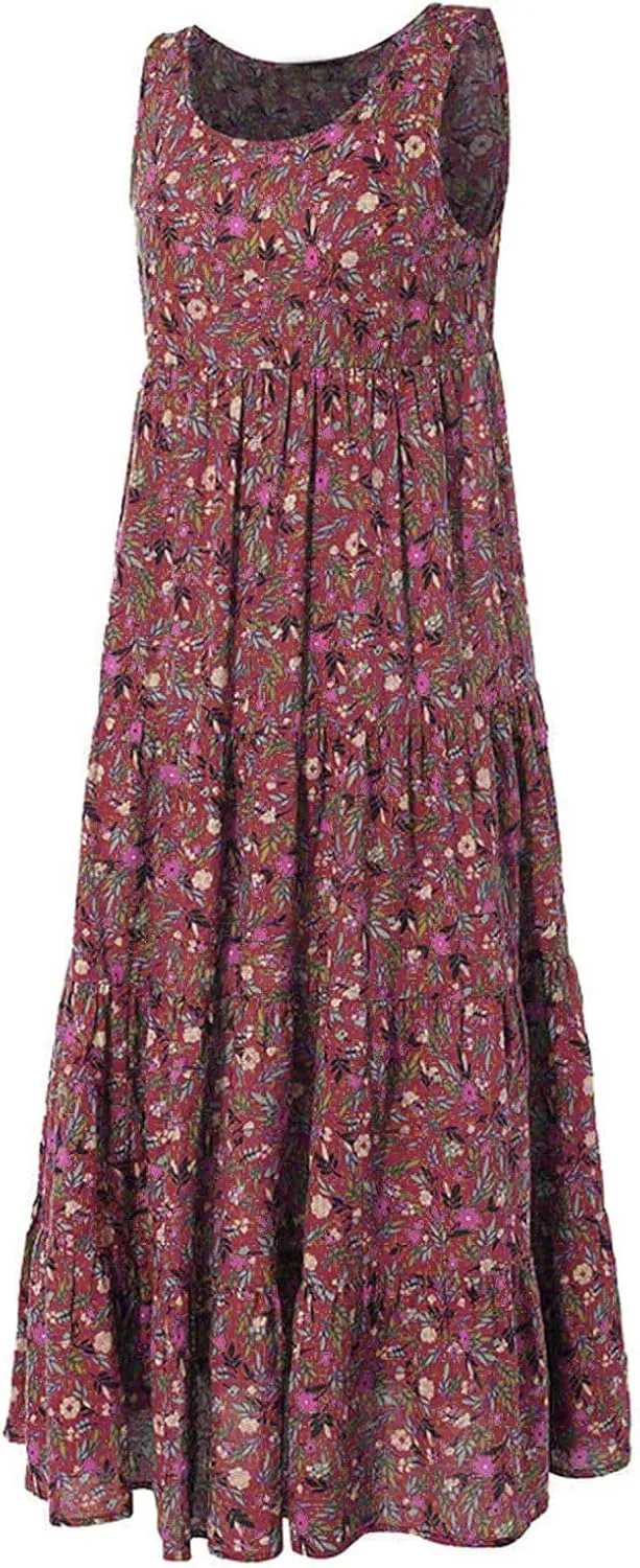 Boho Dresses for Women 2024 Casual Sleeveless Floral Print Cotton Linen Dress Flowy Ruffle Beach Boho Dress
