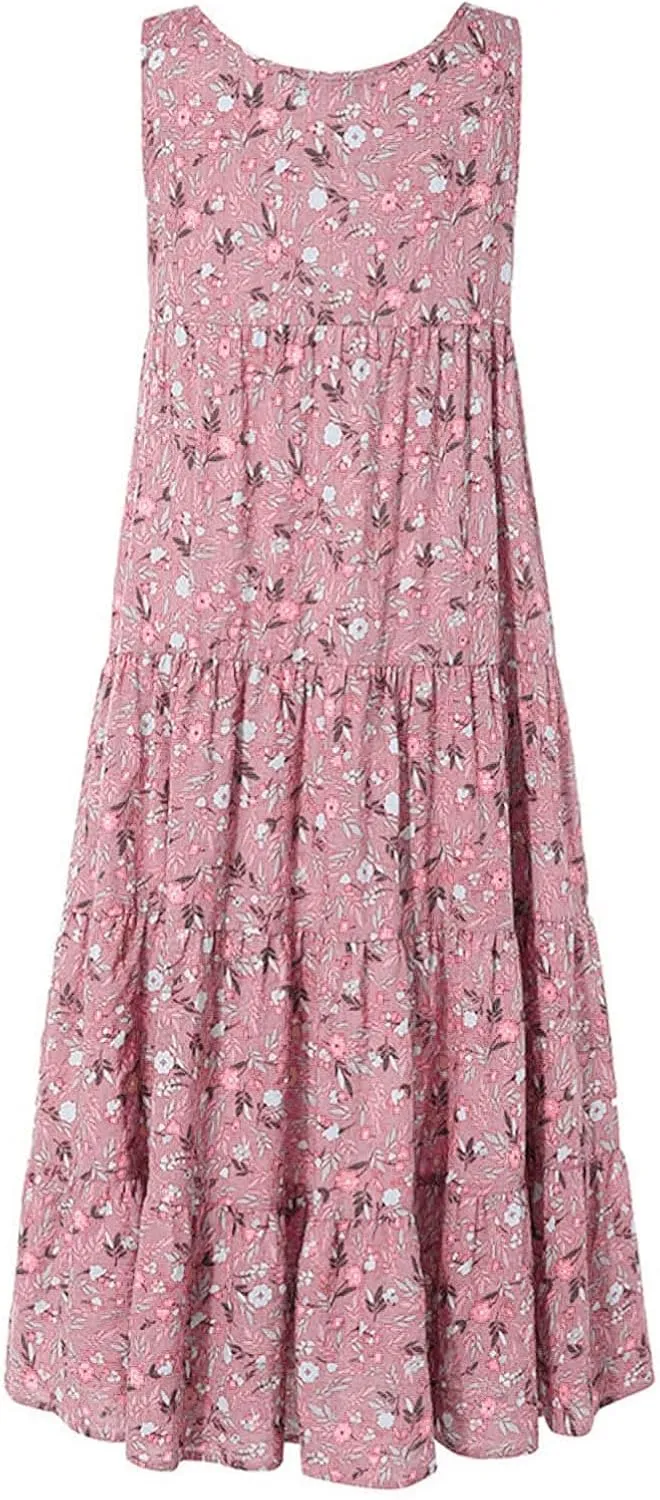 Boho Dresses for Women 2024 Casual Sleeveless Floral Print Cotton Linen Dress Flowy Ruffle Beach Boho Dress