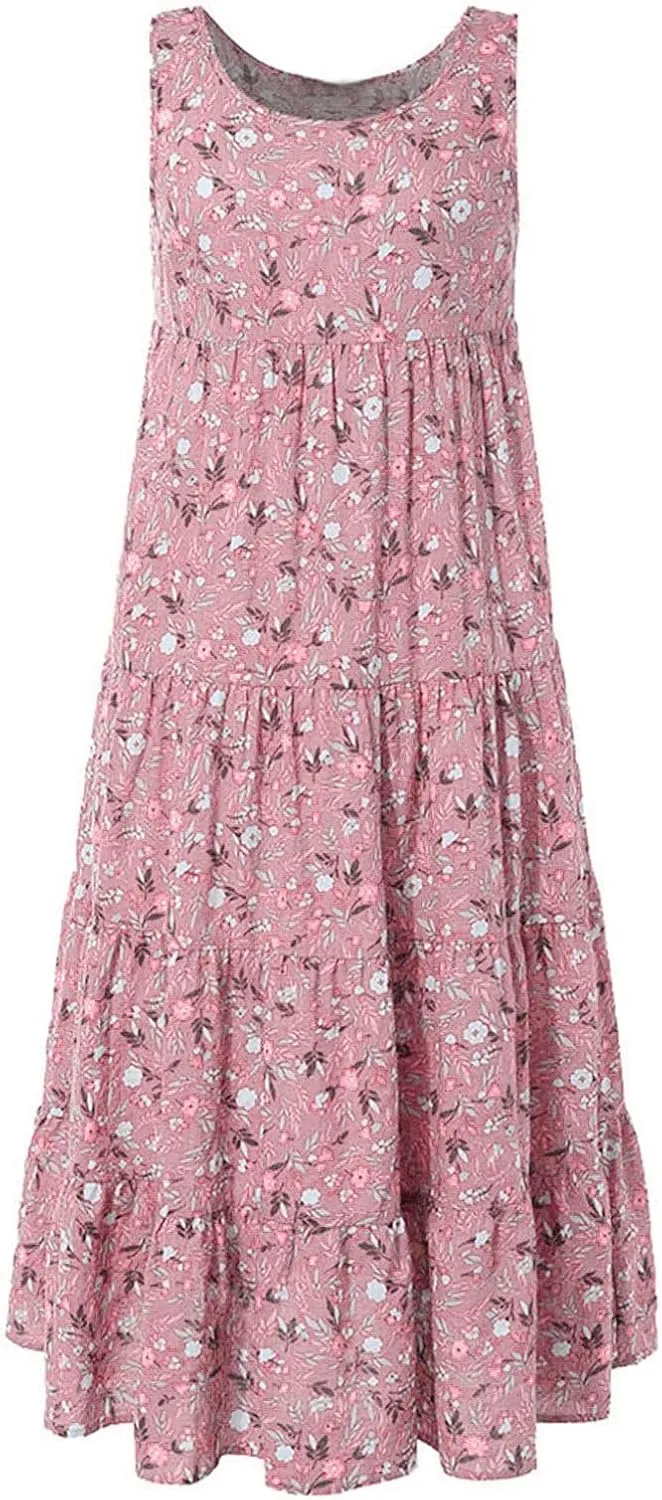 Boho Dresses for Women 2024 Casual Sleeveless Floral Print Cotton Linen Dress Flowy Ruffle Beach Boho Dress