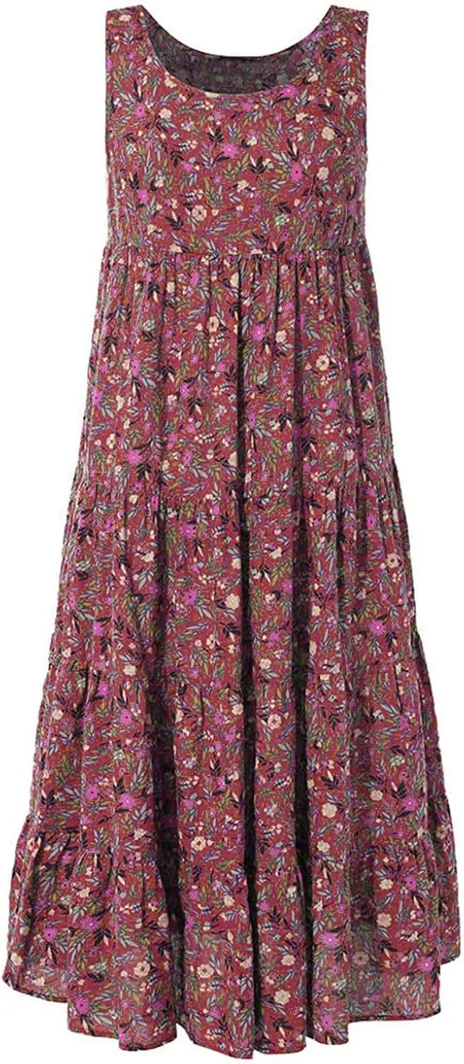 Boho Dresses for Women 2024 Casual Sleeveless Floral Print Cotton Linen Dress Flowy Ruffle Beach Boho Dress