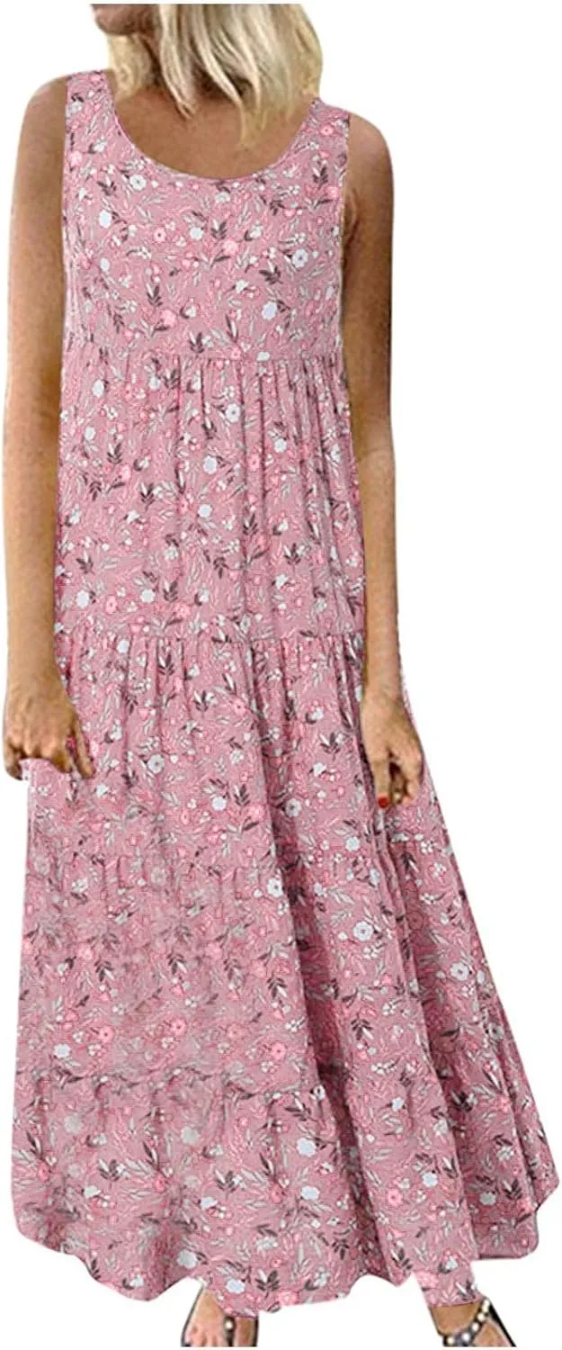 Boho Dresses for Women 2024 Casual Sleeveless Floral Print Cotton Linen Dress Flowy Ruffle Beach Boho Dress