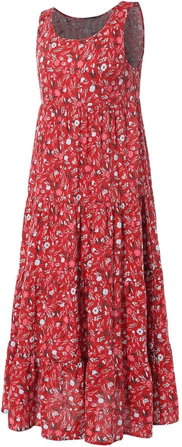 Boho Dresses for Women 2024 Casual Sleeveless Floral Print Cotton Linen Dress Flowy Ruffle Beach Boho Dress