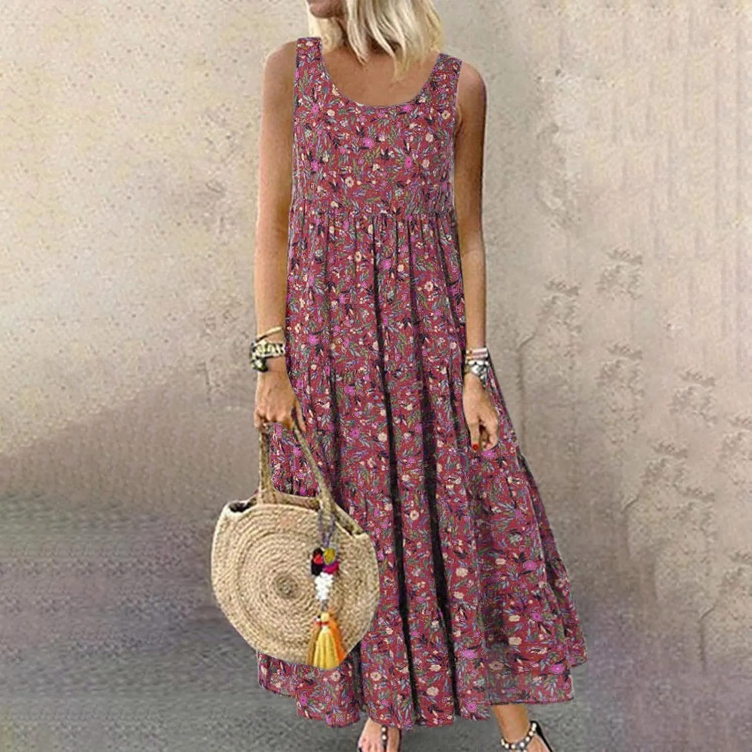 Boho Dresses for Women 2024 Casual Sleeveless Floral Print Cotton Linen Dress Flowy Ruffle Beach Boho Dress