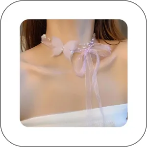 Boho Lace Butterfly Y Necklace Layered Long Wrap Choker Necklace Dainty Pearl Station Bow Tie Necklace for Women and Girls