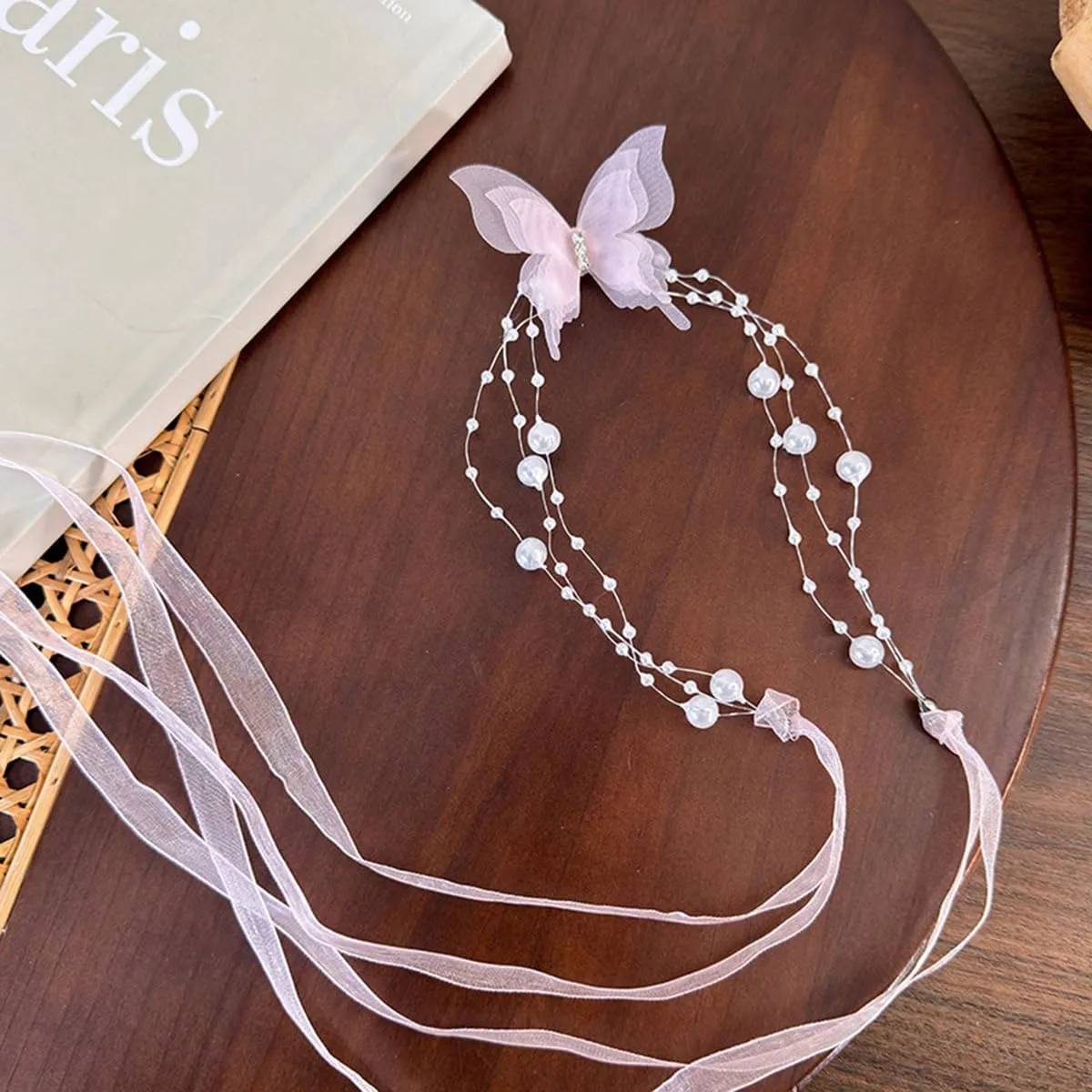 Boho Lace Butterfly Y Necklace Layered Long Wrap Choker Necklace Dainty Pearl Station Bow Tie Necklace for Women and Girls