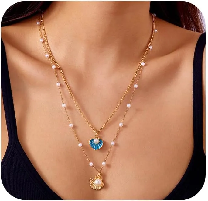 Boho Layered Pearl Seashell Necklace for Women Dainty Long Layering Pearls Starfish Choker Star Shell Statement Necklaces Trendy Beach Vacation Jewelry
