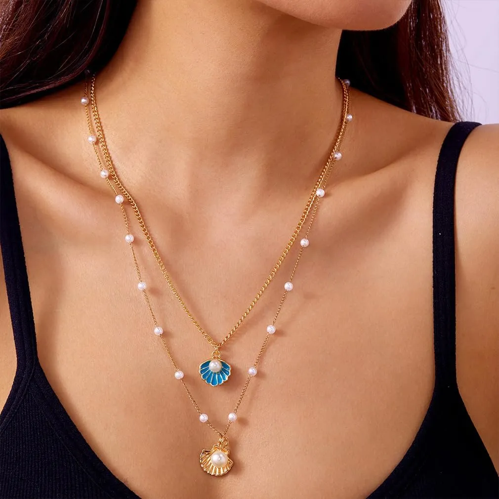 Boho Layered Pearl Seashell Necklace for Women Dainty Long Layering Pearls Starfish Choker Star Shell Statement Necklaces Trendy Beach Vacation Jewelry