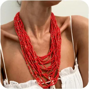 Boho Multilayer Red Seed Bead Choker Necklace for Women Layered African Necklaces Statement Jewelry 20.8-23.5"