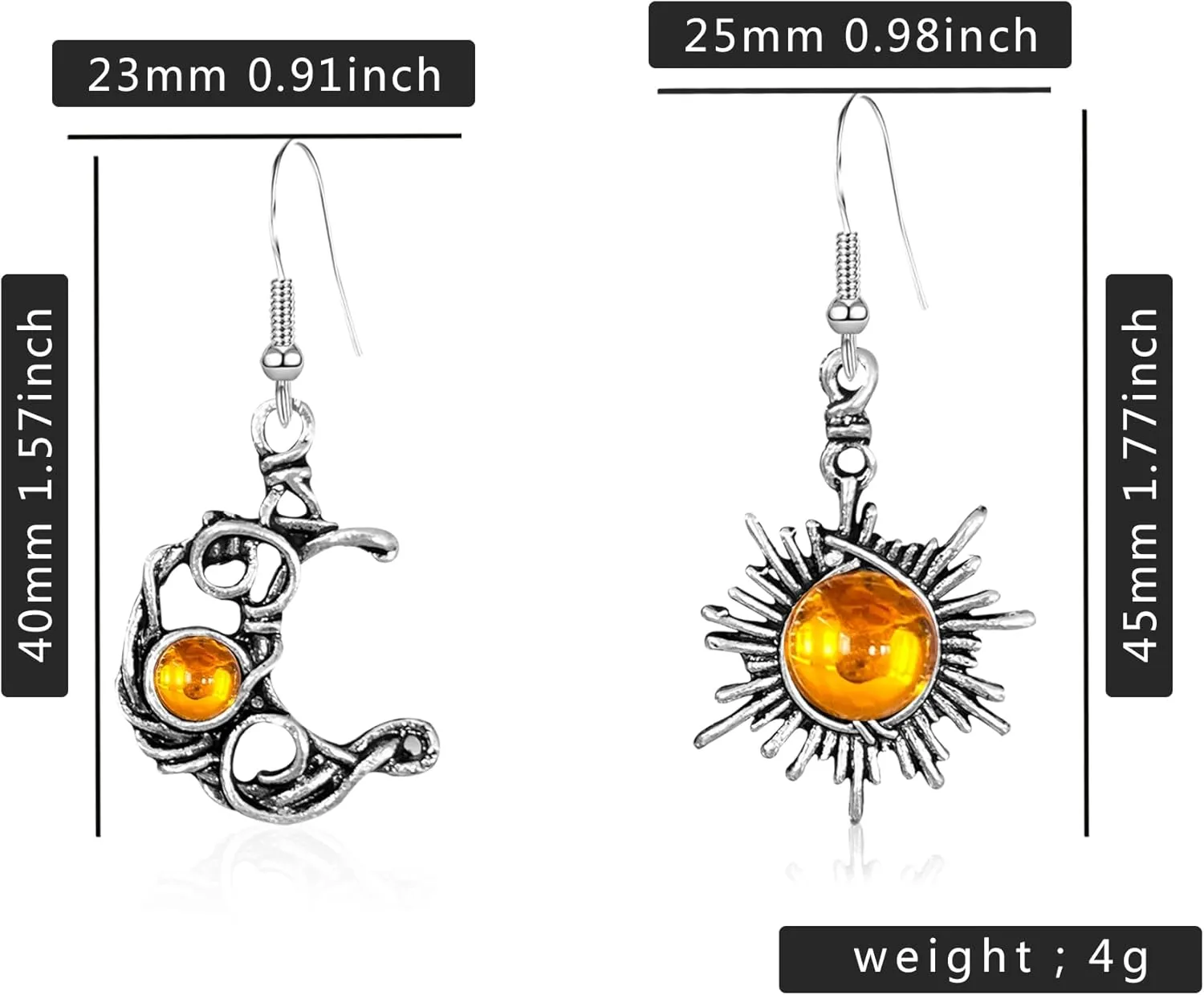 Boho Opal Sun and Moon Drop Dangle Earrings Moonstone Natural Stone Hook Bohemian for Women Asymmetrical Antiqued Silver Celestial Jewelry