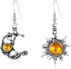 Boho Opal Sun and Moon Drop Dangle Earrings Moonstone Natural Stone Hook Bohemian for Women Asymmetrical Antiqued Silver Celestial Jewelry