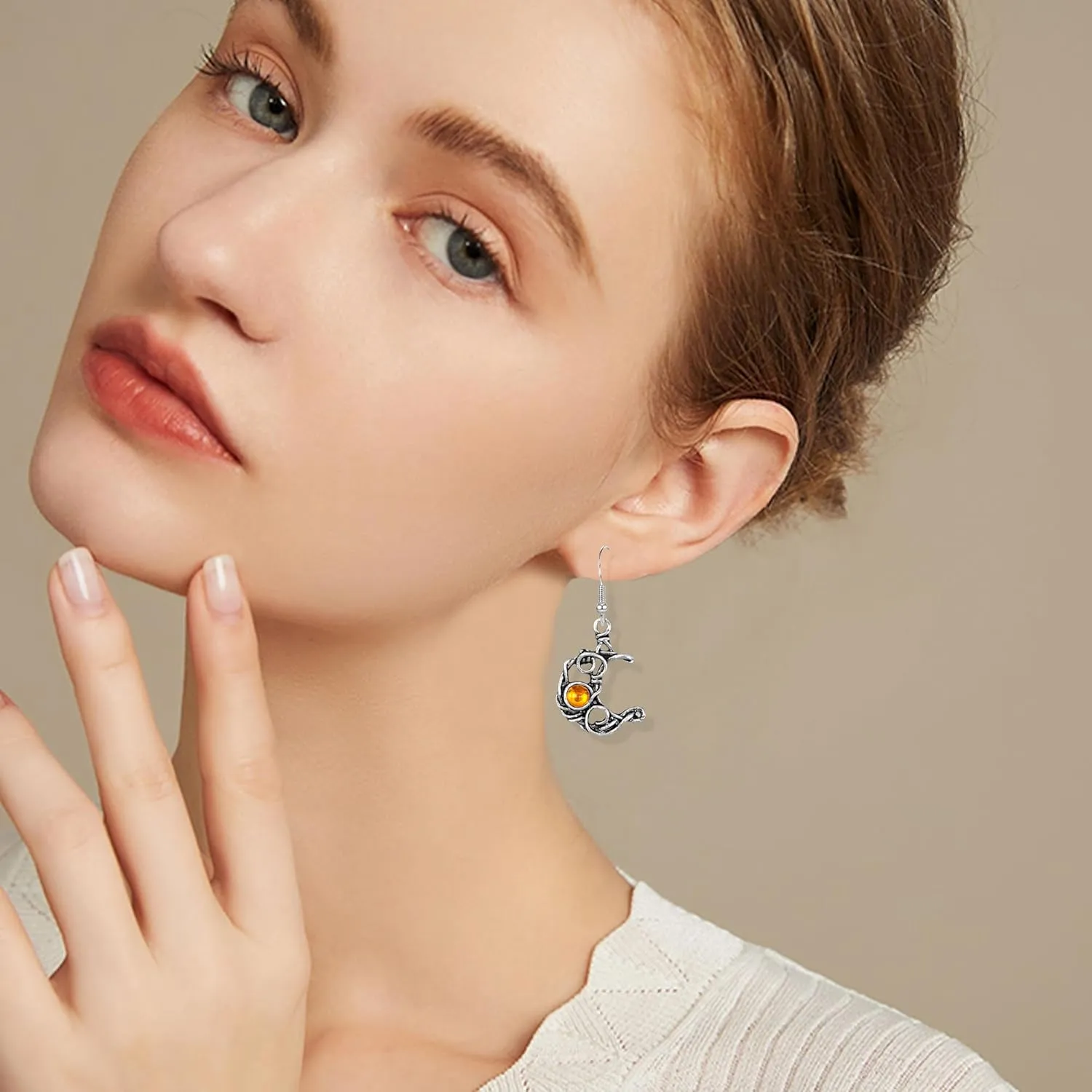 Boho Opal Sun and Moon Drop Dangle Earrings Moonstone Natural Stone Hook Bohemian for Women Asymmetrical Antiqued Silver Celestial Jewelry