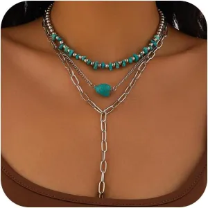 Boho Western Turquoise Layered Y Necklace for Women Cowgirl Chunky Geometric Natural Stone Paperclip Choker Layering Pendant Necklaces Vintage Stack Jewelry