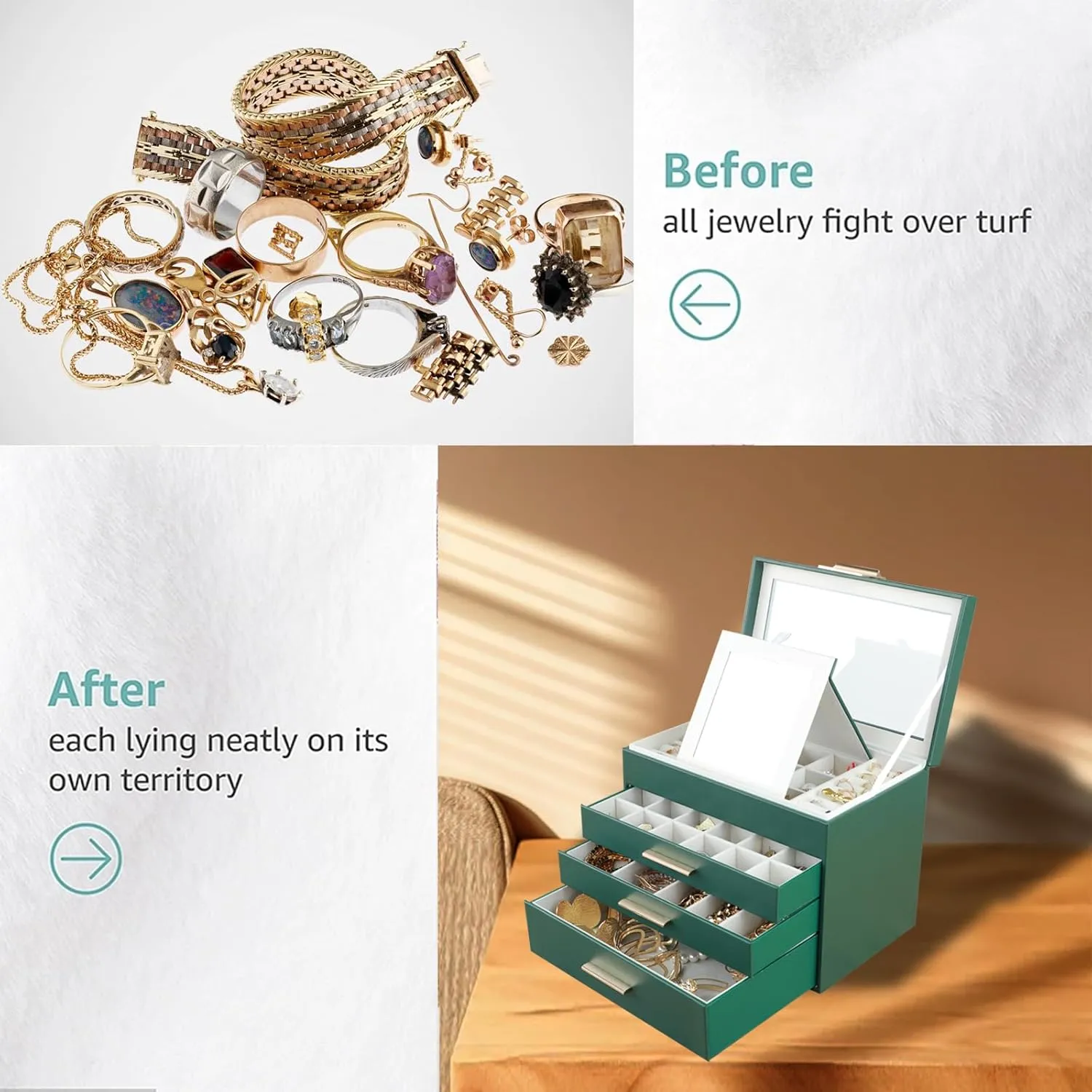 BOOVO Jewelry Boxes for Women, White and Black 6 Layer Large Jewelry Box for Necklace, Bracelet, Earrings, Rings Storage, Jewelry holder Organizer for Girls Gift (Dark Green, 4 layer)