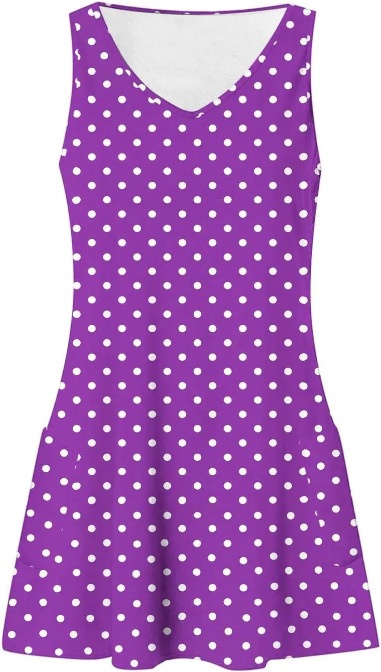 Borniu Women's Summer Casual V Neck Sundresses Polka Dots Knee Length Sleeveless A Line Tank Dress Beach Vocation Dresses