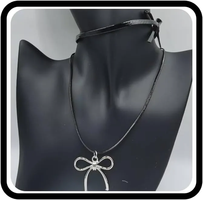 Bow Leather Layered Pendant Necklace for WomenSweet Black/Silver Bow Adjustable Chokers Necklace Preppy Style Statement Christmas Jewelry Gift