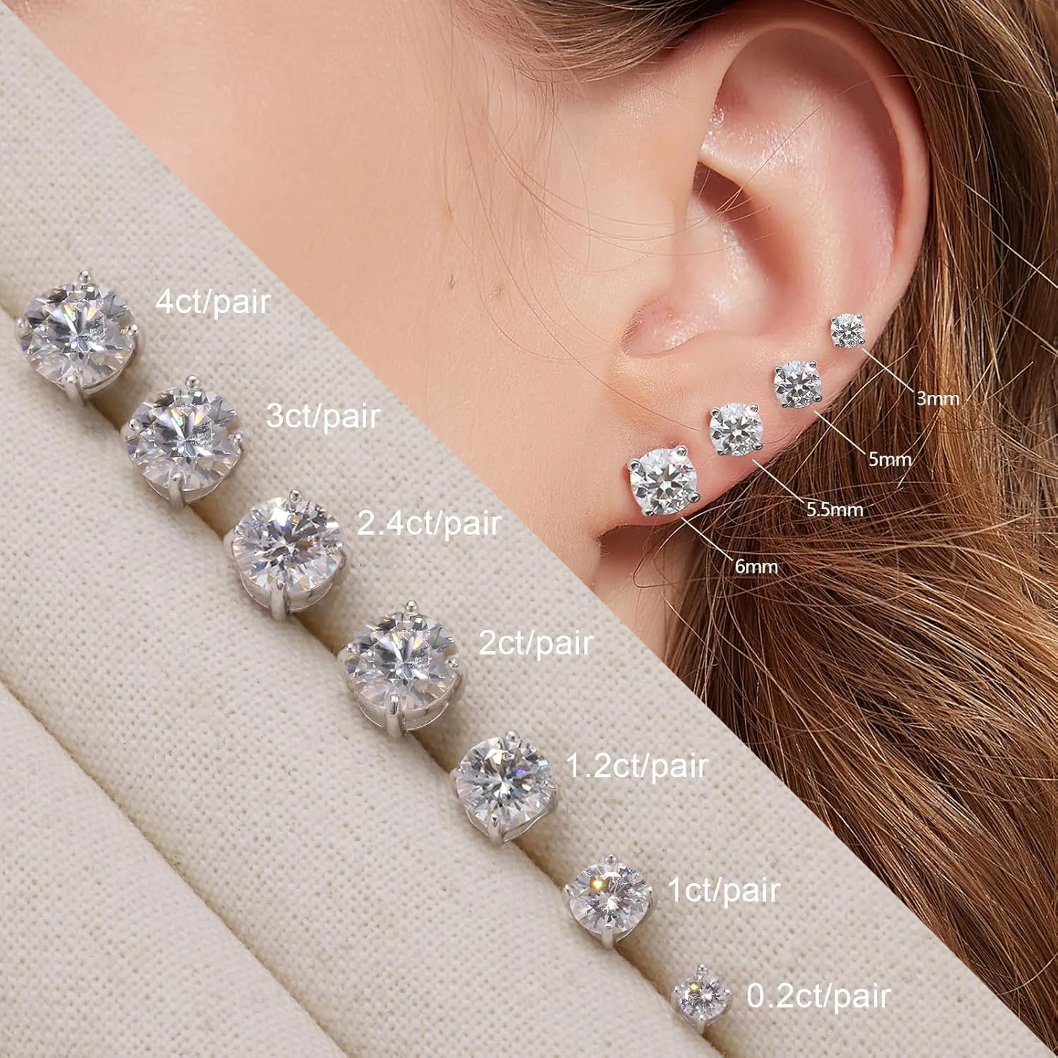 BREN Moissanite Earrings S925 Sterling Silver Imitation Diamond Earrings 18k White Gold Moissanite Earrings for Men D Color Brilliant Round Cut Moissanite Stud Earrings for Women