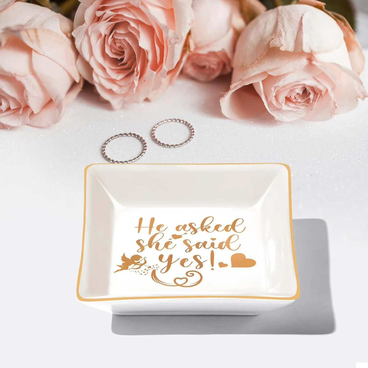 Bride Gifts, Wedding Gifts for Bride, Engagement Ring Dish-"He Asked She Said Yes"- Proposal Gifts for Bride to be - Bride Gifts for Wedding Day, Bachelorette Bridal Shower Gifts for Bride, Mrs Gifts