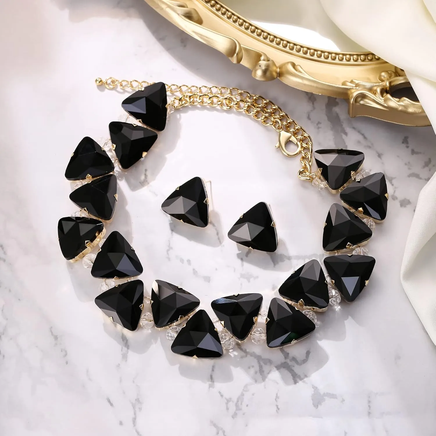BriLove Art Deco Sparkly Triangle Statement Necklace Earrings Set for Women
