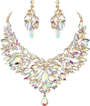BriLove Wedding Bridal Crystal Rhinestones Marquise Cluster Statement Necklace Dangle Earrings Jewelry Set for Women