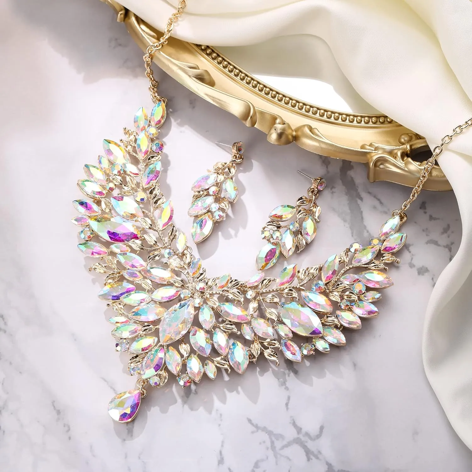 BriLove Wedding Bridal Crystal Rhinestones Marquise Cluster Statement Necklace Dangle Earrings Jewelry Set for Women