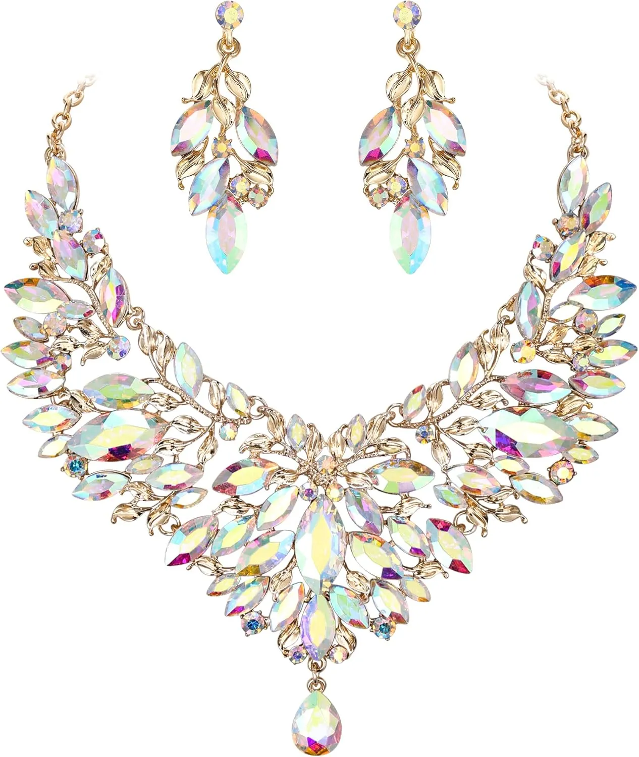 BriLove Wedding Bridal Crystal Rhinestones Marquise Cluster Statement Necklace Dangle Earrings Jewelry Set for Women