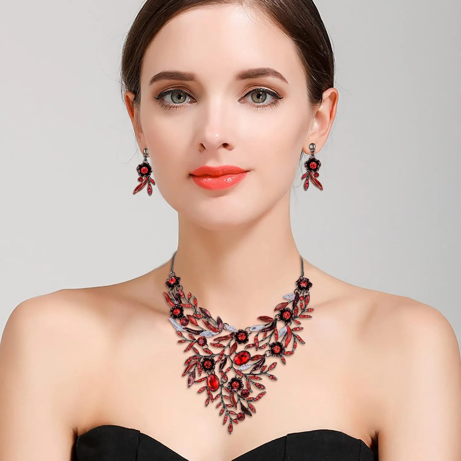 BriLove Wedding Bridal Leaf Cluster Jewelry Set for Women Crystal Flower Enamel Statement Necklace Dangle Earrings