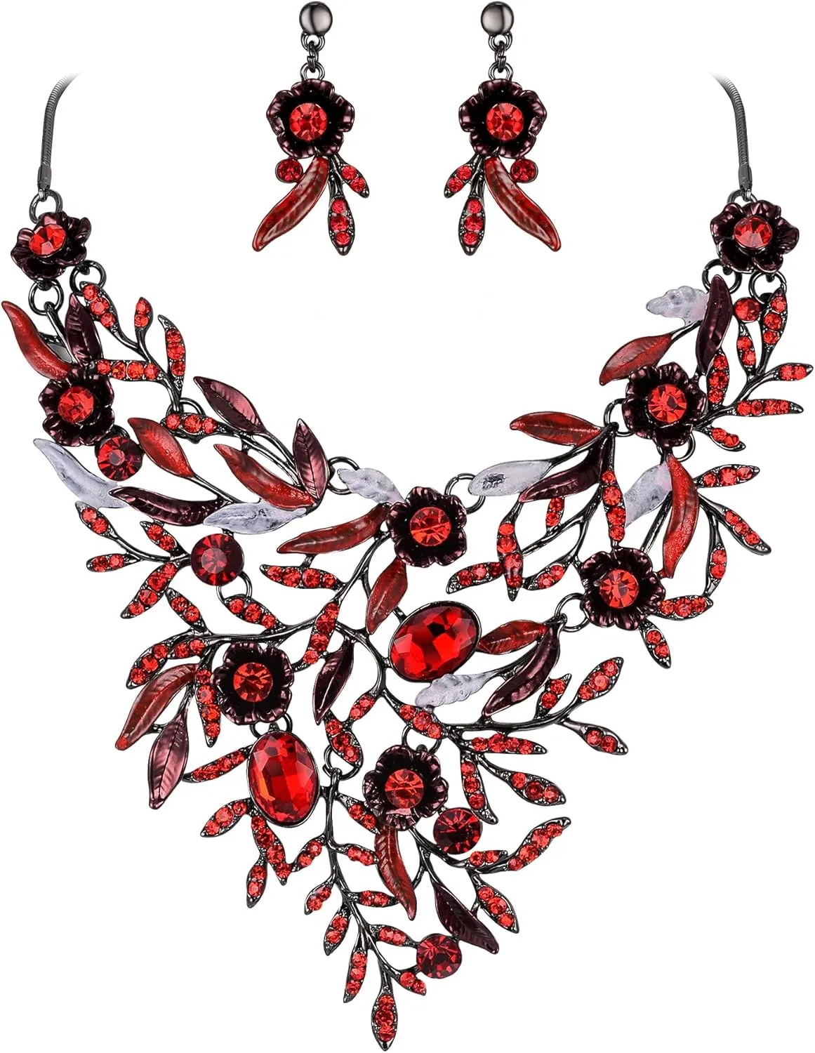 BriLove Wedding Bridal Leaf Cluster Jewelry Set for Women Crystal Flower Enamel Statement Necklace Dangle Earrings