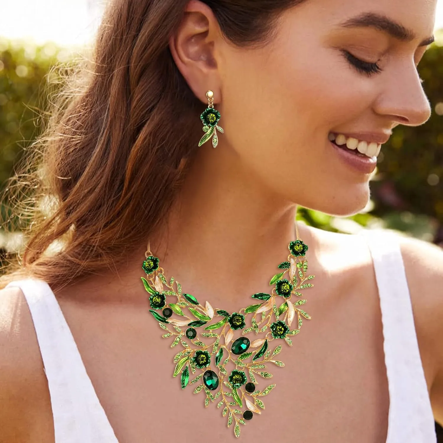 BriLove Wedding Bridal Leaf Cluster Jewelry Set for Women Crystal Flower Enamel Statement Necklace Dangle Earrings