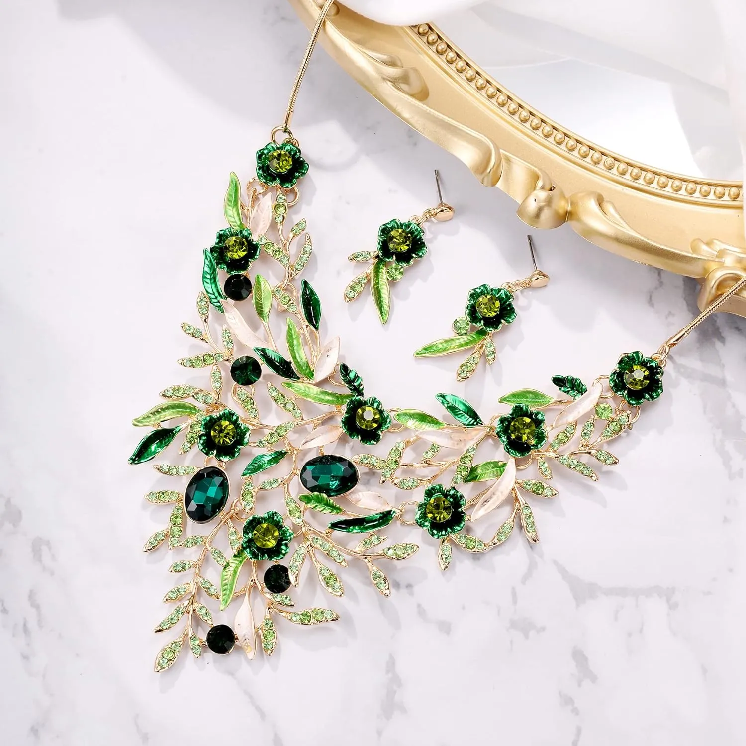 BriLove Wedding Bridal Leaf Cluster Jewelry Set for Women Crystal Flower Enamel Statement Necklace Dangle Earrings